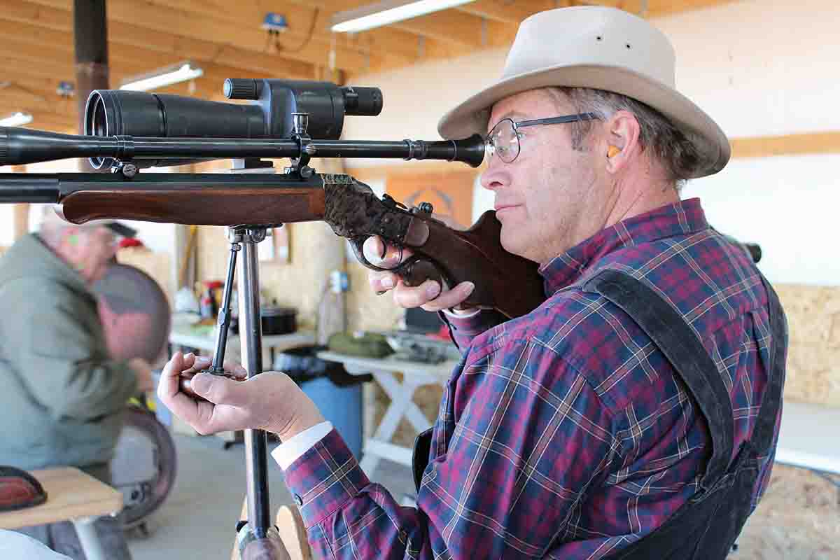 Michael Rix showing good offhand form with his CPA Stevens Schuetzen rifle.